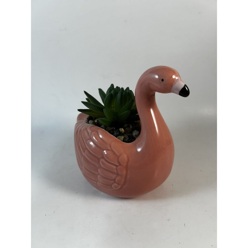 Ceramic Pink Flamingo Planter Faux Succulent Room Decor 5” - Picture 2 of 6